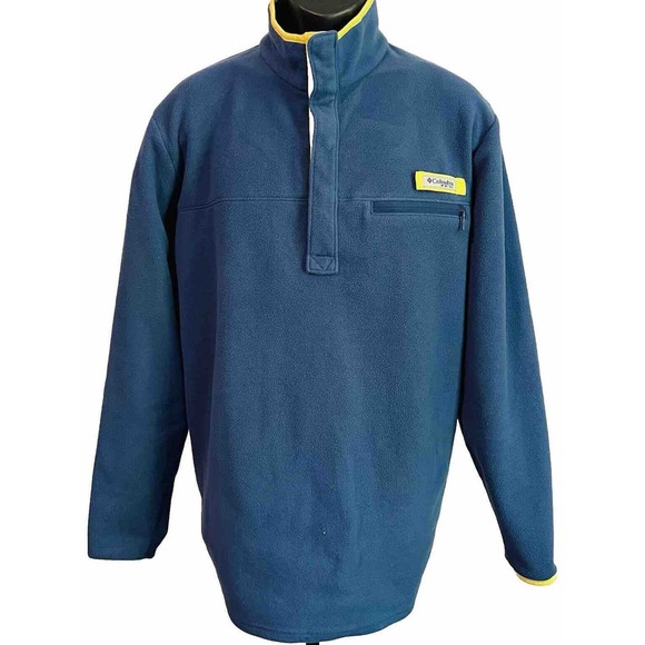 Columbia PFG Sweater Mens XL Navy Blue Fleece 1/4 Snap Mock Neck Pocket Pullover - Picture 1 of 14